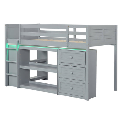 Twin Size Loft Bed with LED Lights and Underbed Space for Kids