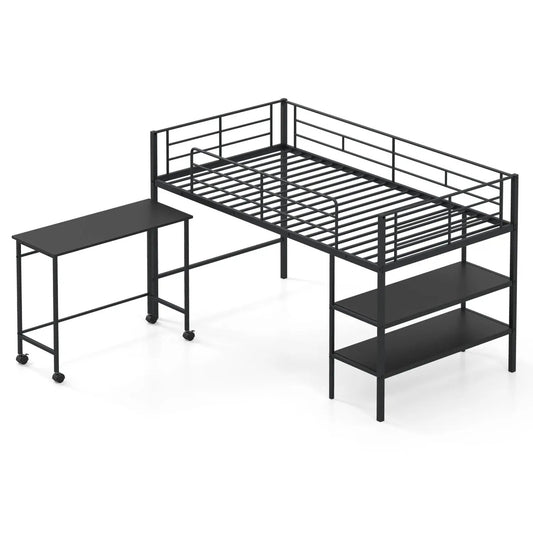 Twin Loft Bed With Rolling Desk and Bookshelf