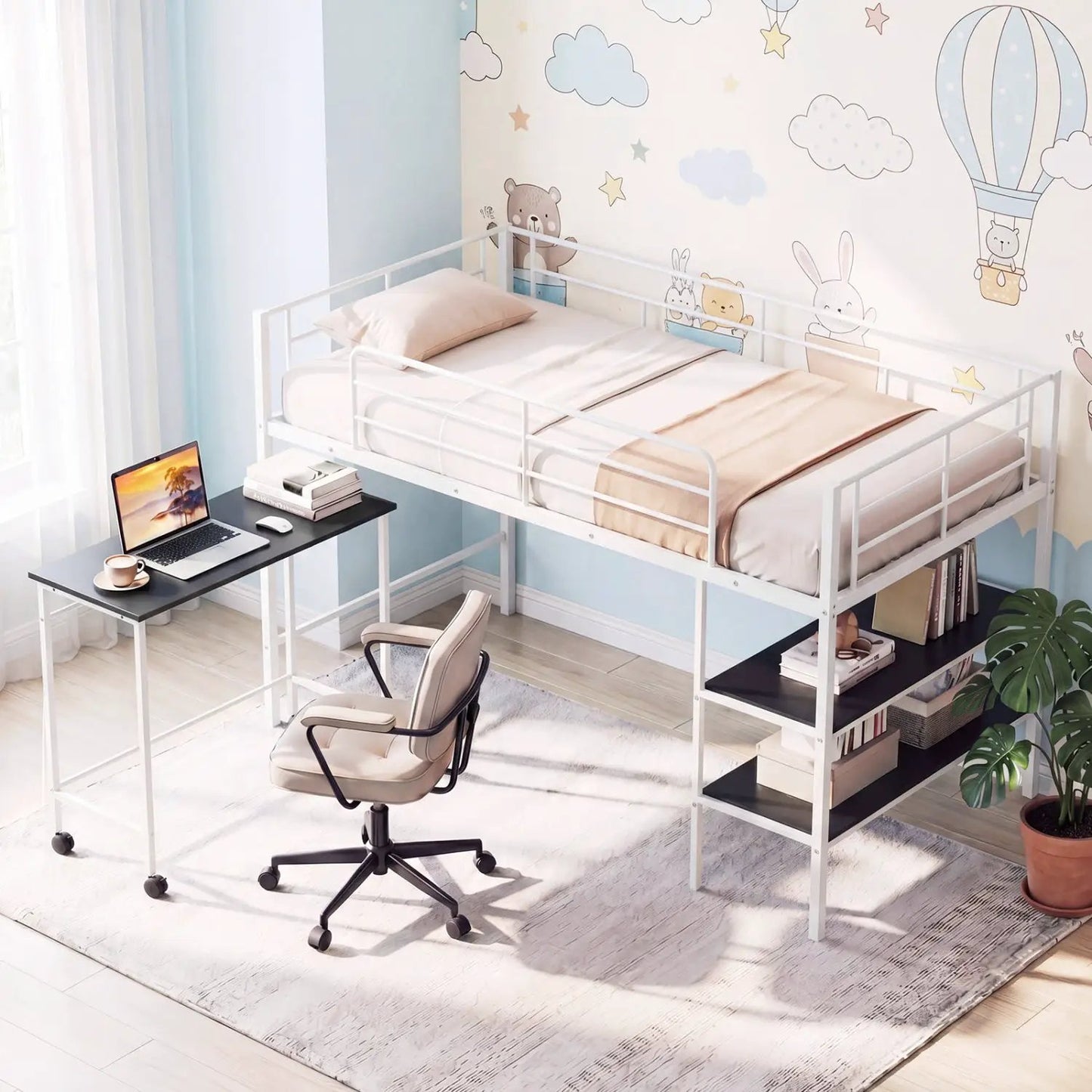 Twin Loft Bed With Rolling Desk and Bookshelf