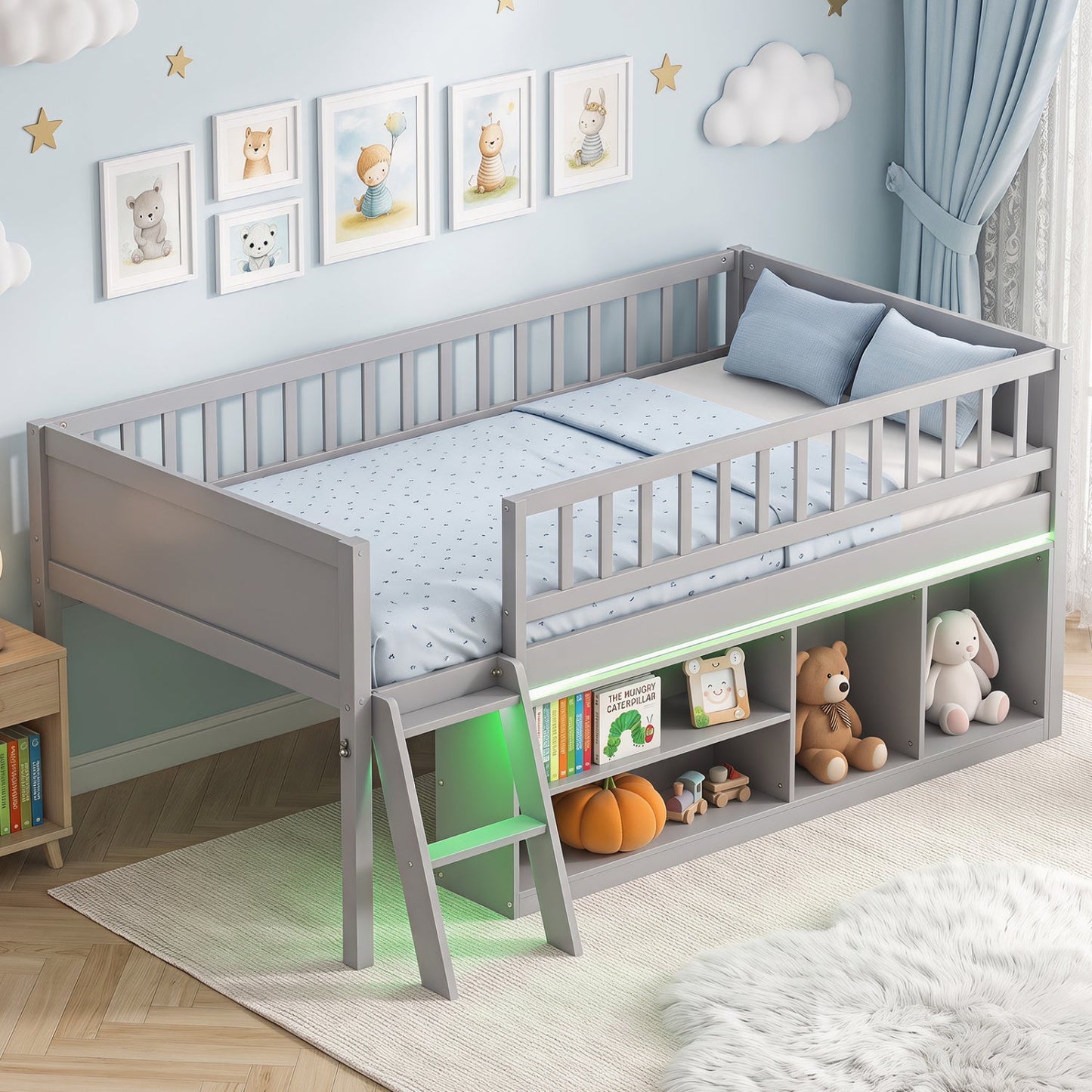 Twin loft bed with LED lights, built-in cubby storage under gray frame, blue bedding on Tampa Home & Garden Store