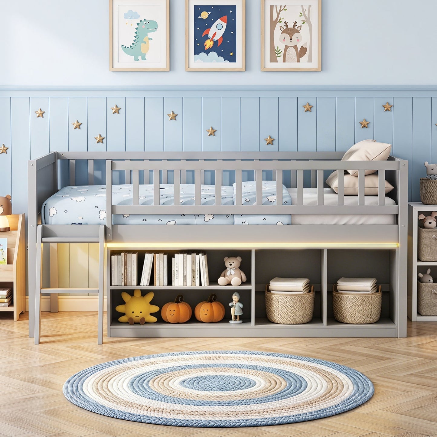 Twin loft bed by DirectDeals with LED lights, gray frame, built-in bookshelf, blue cloud bedding on Tampa Home & Garden Store