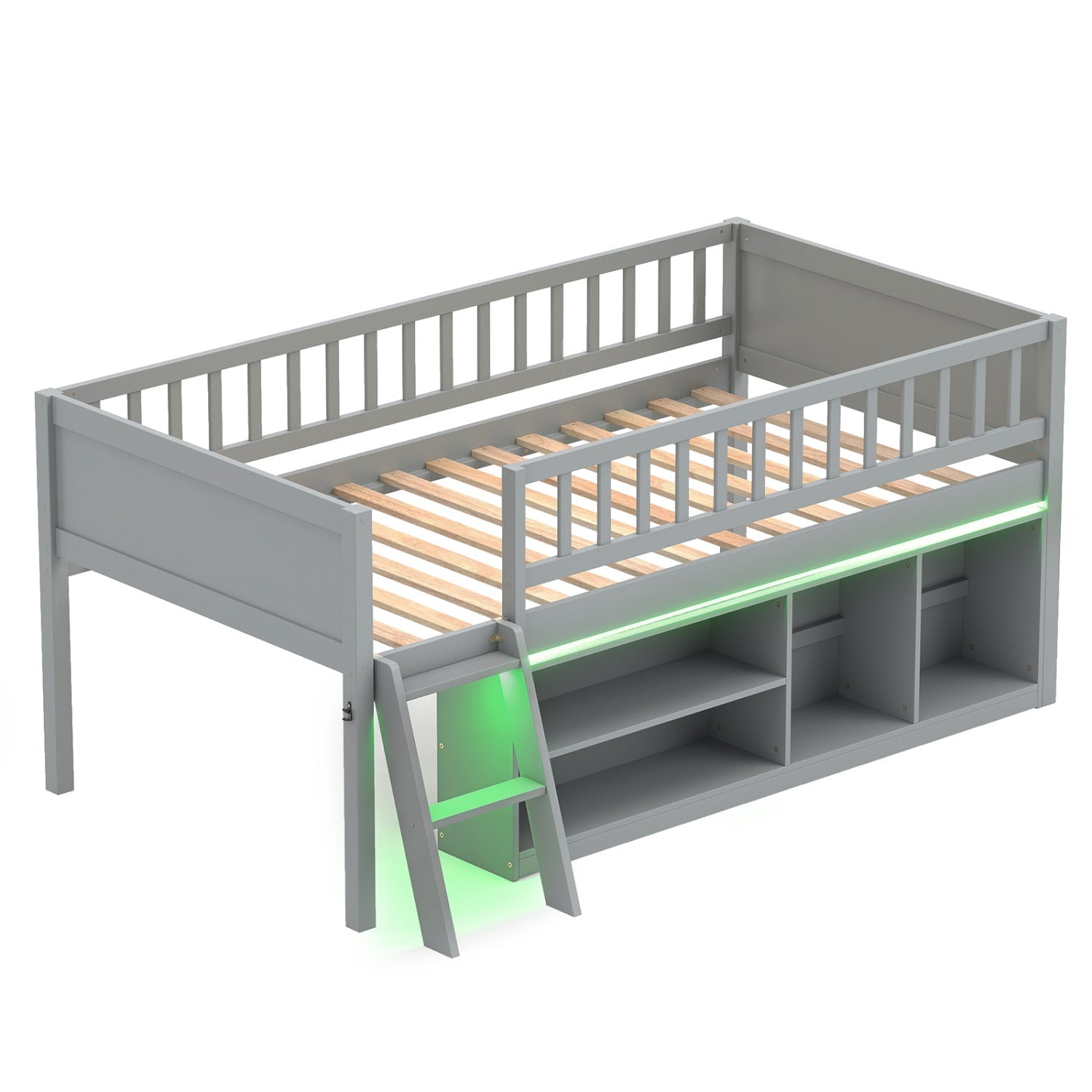 Twin Loft Bed with green LED lights and built-in bookshelf under-bed storage gray finish on Tampa Home & Garden Store