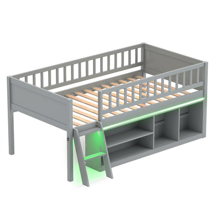 Twin Loft Bed with green LED lights and built-in bookshelf under-bed storage gray finish on Tampa Home & Garden Store