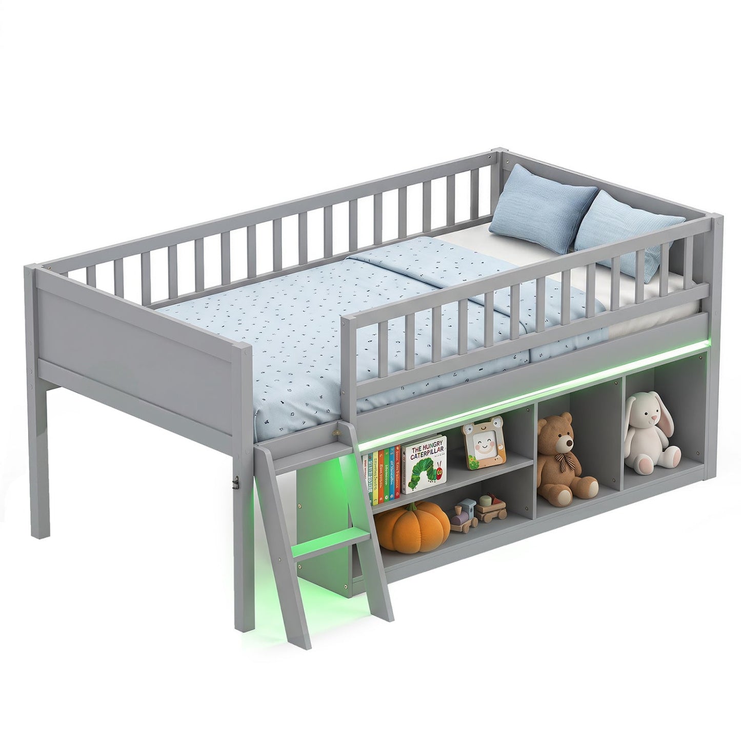 Twin Loft Bed with LED Lights and Bookshelf for Kids in gray by DirectDeals on Tampa Home & Garden Store