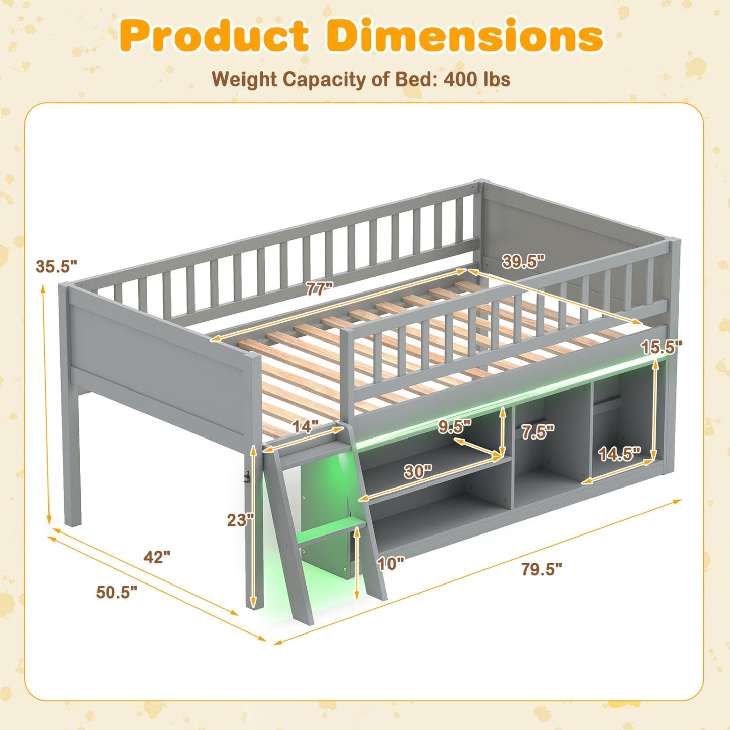 Twin Loft Bed with LED Lights & Bookshelf for Kids in gray by DirectDeals on Tampa Home & Garden Store