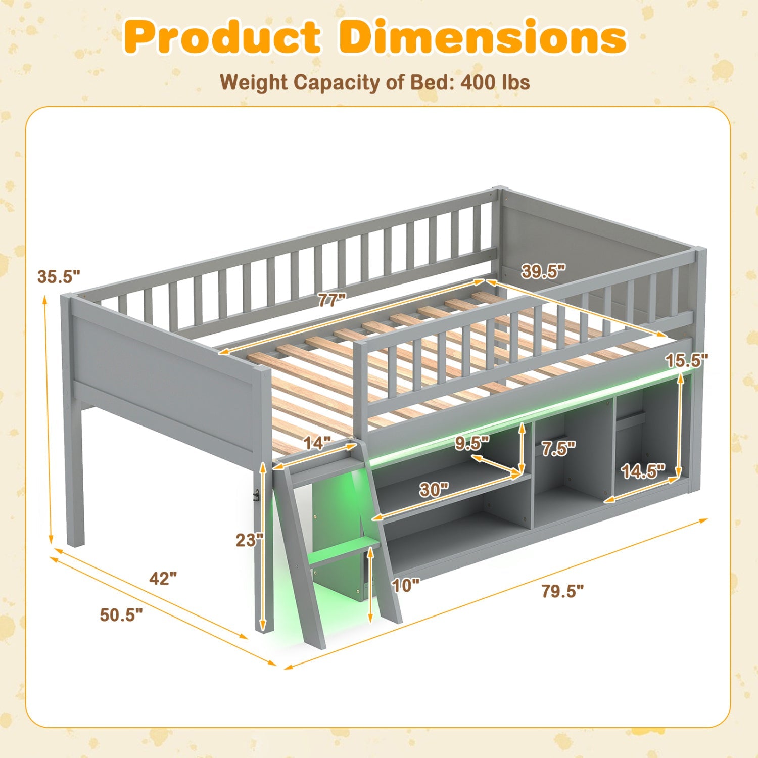 Twin Loft Bed with LED Lights & Bookshelf for Kids in gray by DirectDeals on Tampa Home & Garden Store
