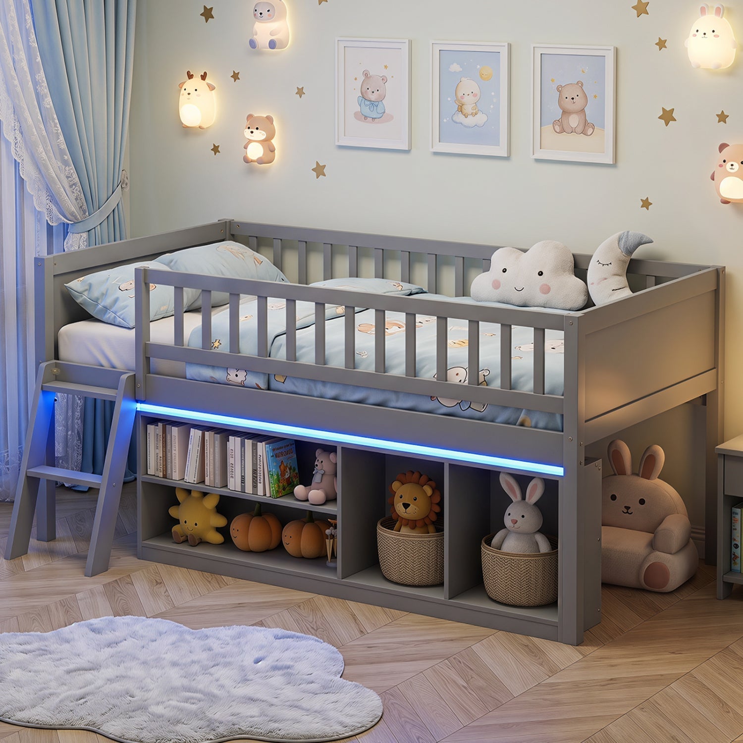 Twin loft bed with built-in bookshelf and LED lighting, gray frame, DirectDeals on Tampa Home & Garden Store