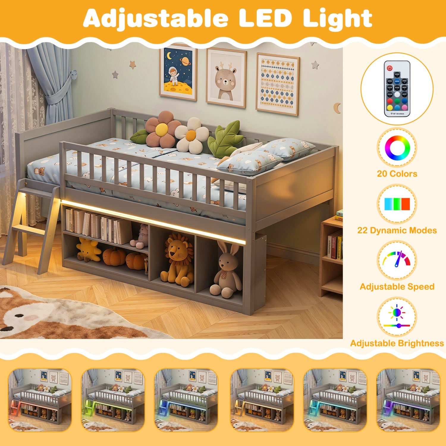Twin Loft Bed with LED Lights & Bookshelf, gray finish, built-in under-bed storage, DirectDeals on Tampa Home & Garden Store