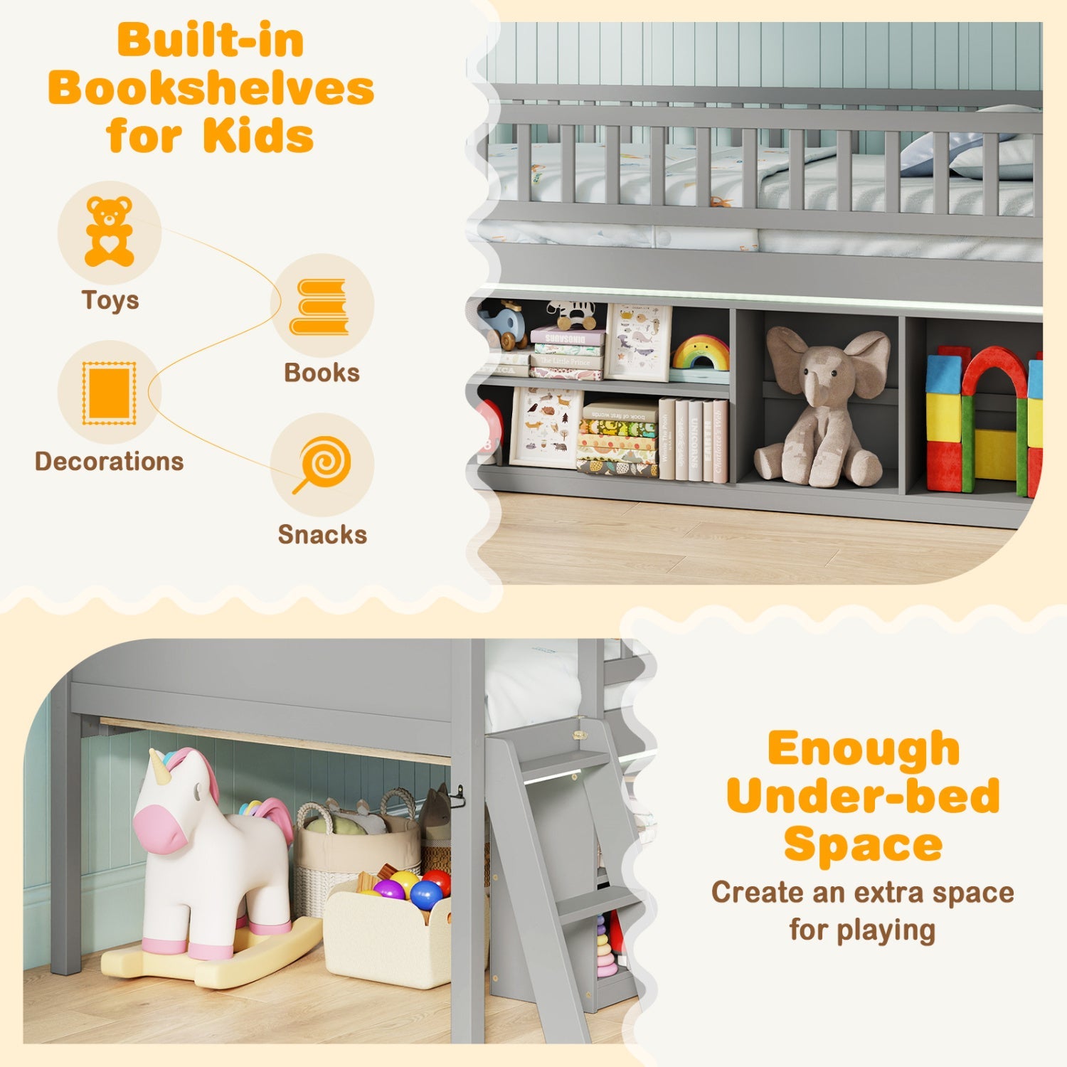 Twin loft bed with LED lights and bookshelf for kids, gray finish by DirectDeals with under-bed on Tampa Home & Garden Store