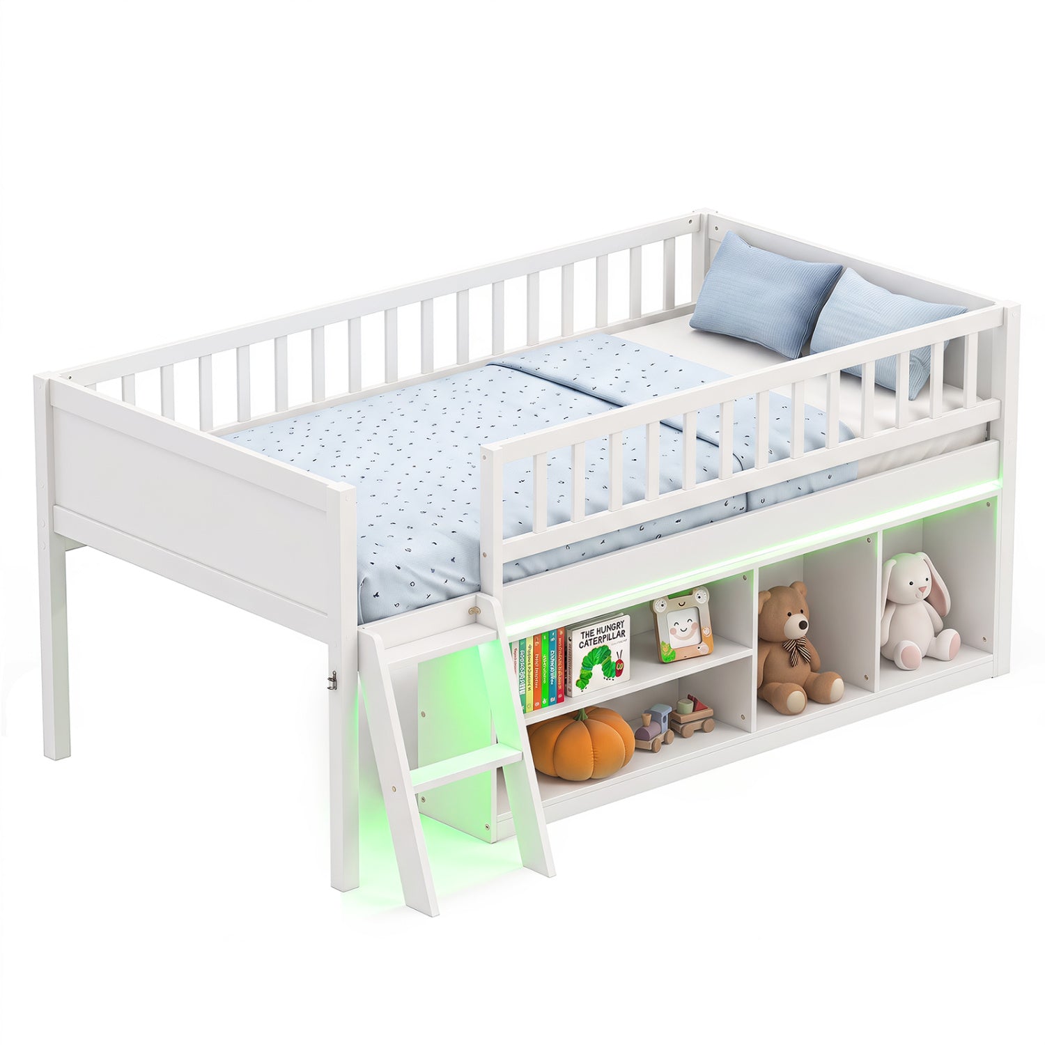 Twin Loft Bed with LED Lights, white frame, built-in bookshelf & ladder by DirectDeals on Tampa Home & Garden Store