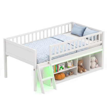Twin Loft Bed with LED Lights, white frame, built-in bookshelf & ladder by DirectDeals on Tampa Home & Garden Store