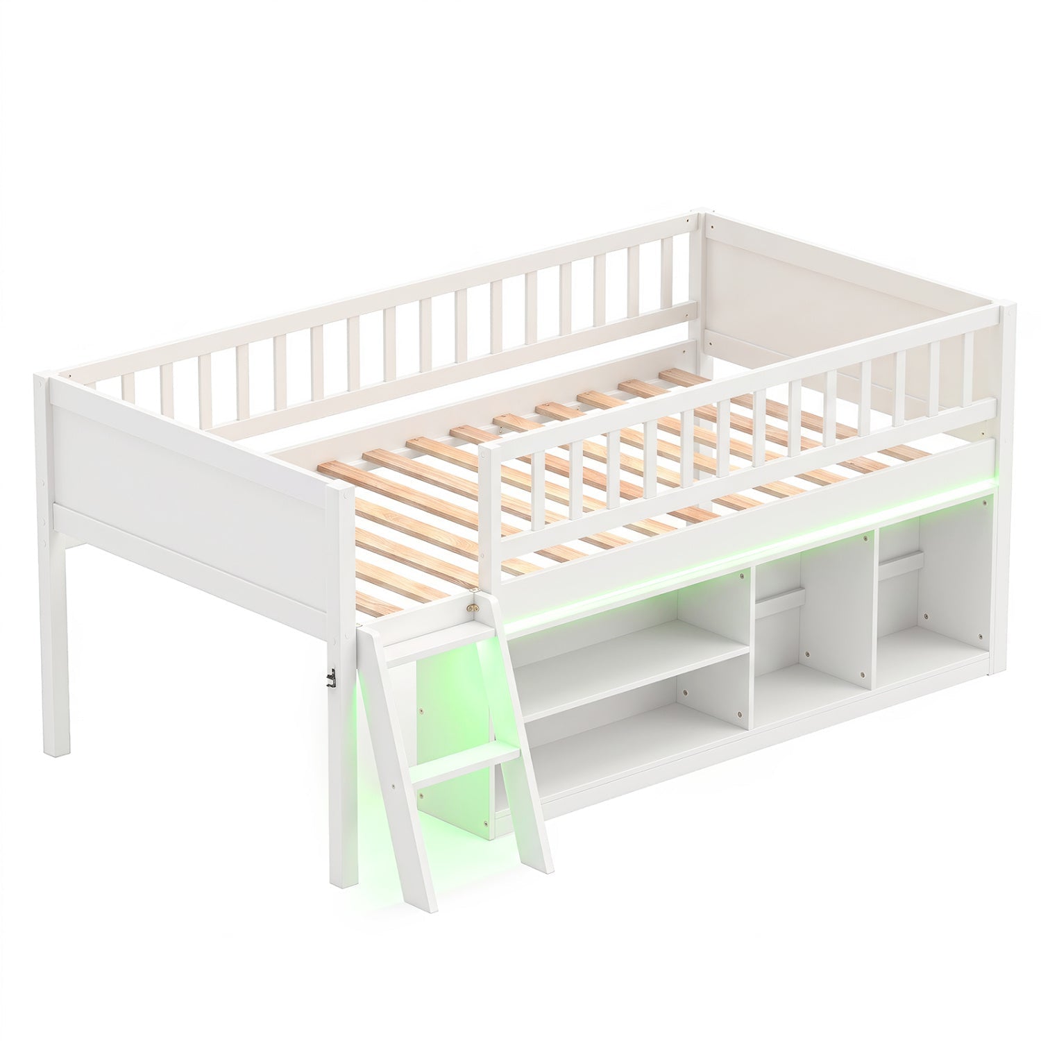 Twin Loft Bed with LED Lights & Bookshelf, white, DirectDeals loft bed with built-in storage on Tampa Home & Garden Store