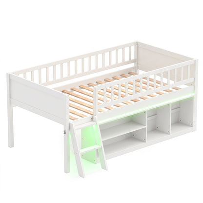 Twin Loft Bed with LED Lights & Bookshelf, white, DirectDeals loft bed with built-in storage on Tampa Home & Garden Store
