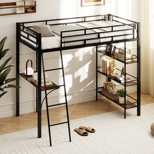 Twin Size Loft Bed with Desk and Shelves for Kids and Home-Black - Tampa Home & Garden Store