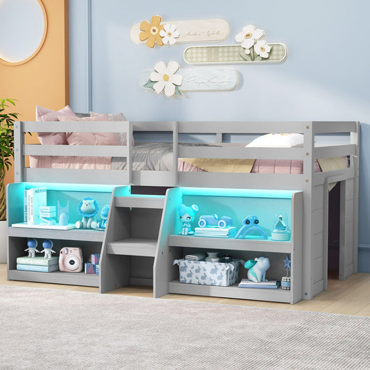 Twin Size Loft Bed with LED Lights with Staircase and Safety Guardrail - Tampa Home & Garden Store