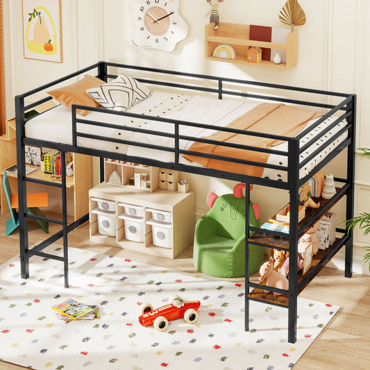 Twin Size Low Loft Bed with Ladder and Storage Shelves Metal Frame for Boys Girls-Black - Tampa Home & Garden Store