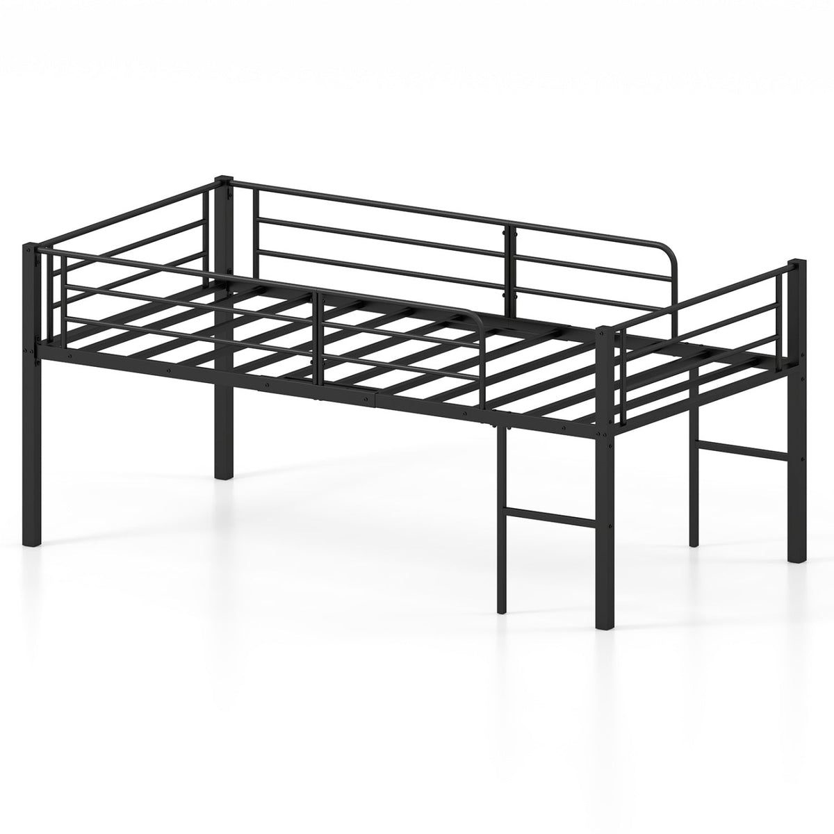 Twin Size Low Loft Bed by DirectDeals with safety guardrails and 2 ladders, black metal frame on Tampa Home & Garden Store