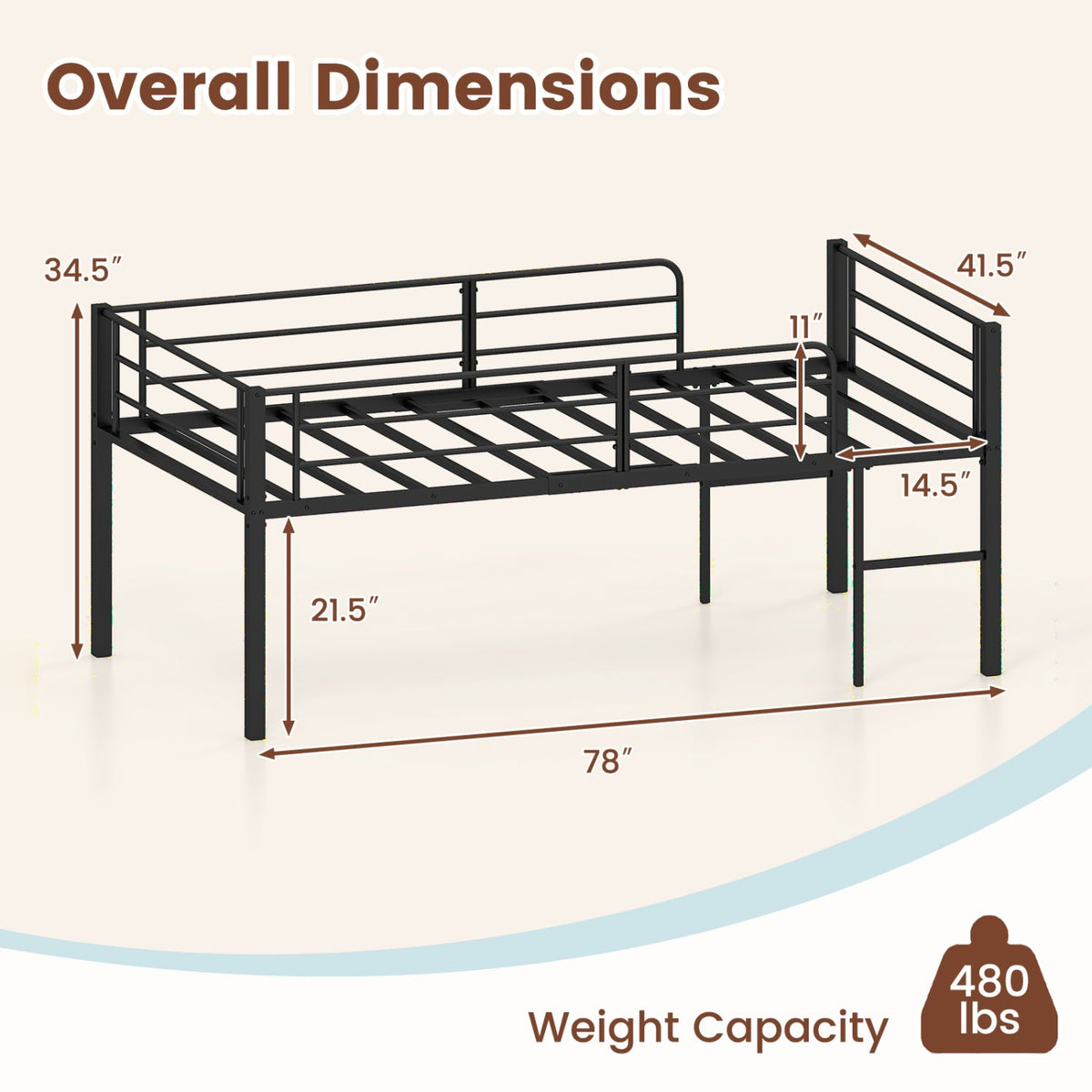 Twin Size Low Loft Bed DirectDeals in black metal with safety guardrails and 2 ladders on Tampa Home & Garden Store