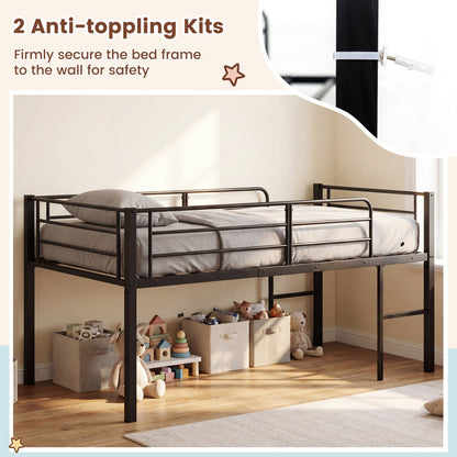 Twin size low loft bed with safety guardrails and 2 ladders, black metal frame, DirectDeals on Tampa Home & Garden Store