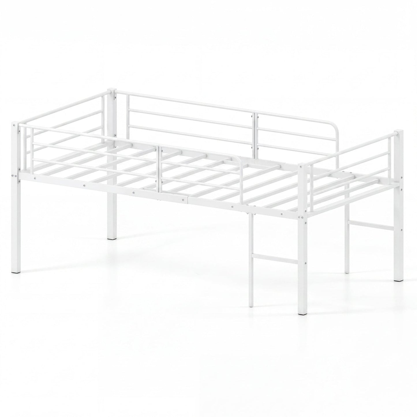 Twin low loft bed with safety guardrails and 2 ladders, white metal frame on Tampa Home & Garden Store