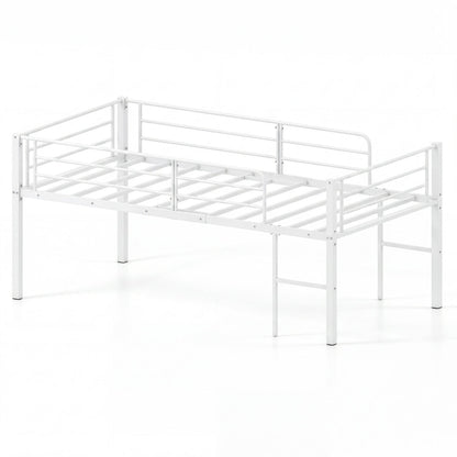 Twin low loft bed with safety guardrails and 2 ladders, white metal frame on Tampa Home & Garden Store