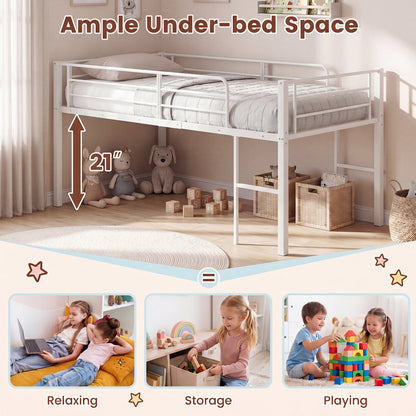 Twin Low Loft Bed with safety guardrails and 2 ladders, white metal frame, under-bed space on Tampa Home & Garden Store