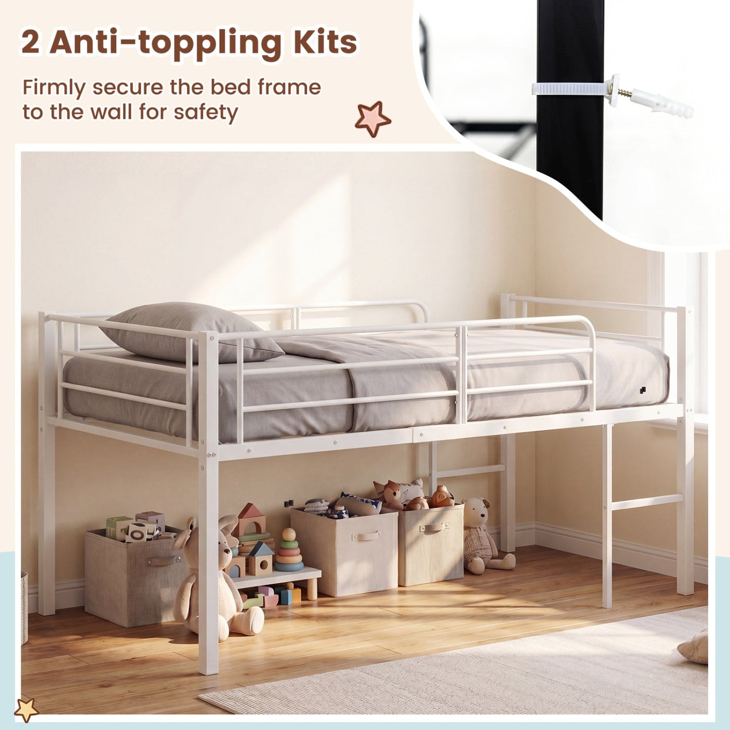 Twin low loft bed in white metal with safety guardrails and 2 ladders in a bright kids' room on Tampa Home & Garden Store