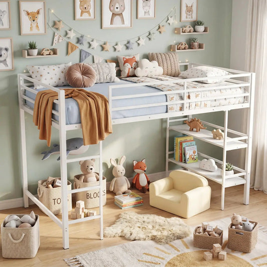Twin Low Loft Bed with storage shelves and ladder, white frame by DirectDeals on Tampa Home & Garden Store