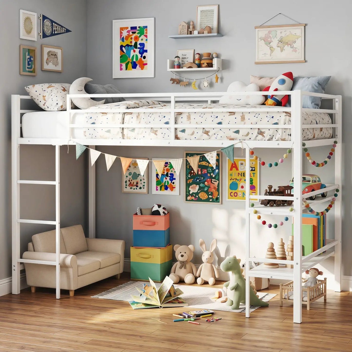 Twin Low Loft Bed With Storage Shelves and Ladder