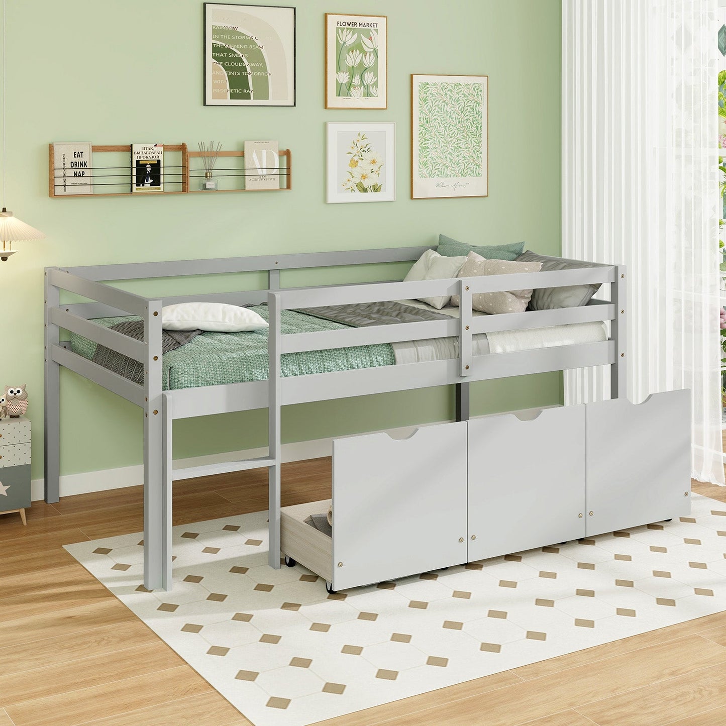 Cama baja tipo loft individual con 3 cajones, escalera y barandillas de seguridad completas - Gris