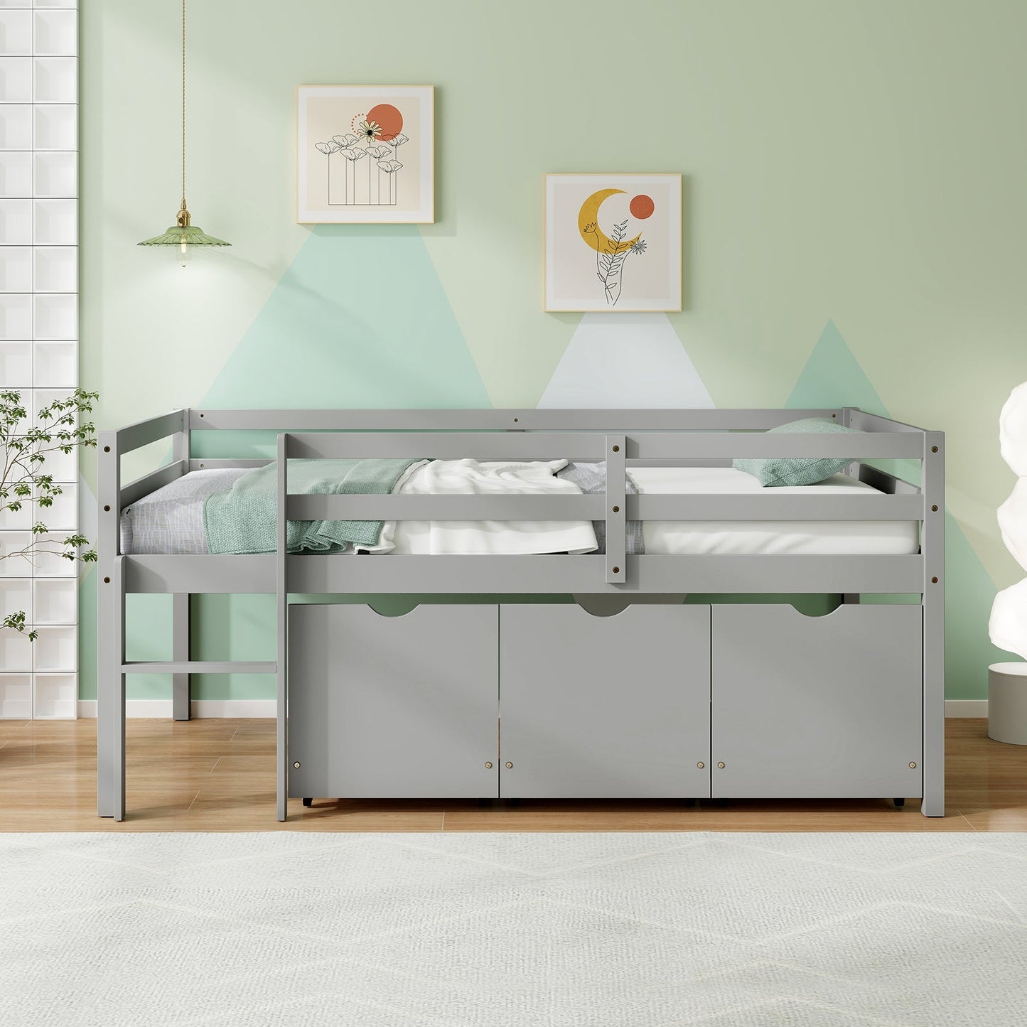 Cama baja tipo loft individual con 3 cajones, escalera y barandillas de seguridad completas - Gris