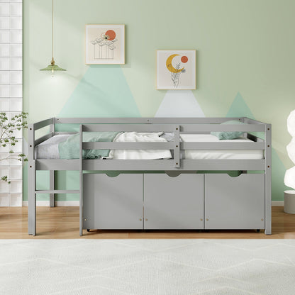 Cama baja tipo loft individual con 3 cajones, escalera y barandillas de seguridad completas - Gris