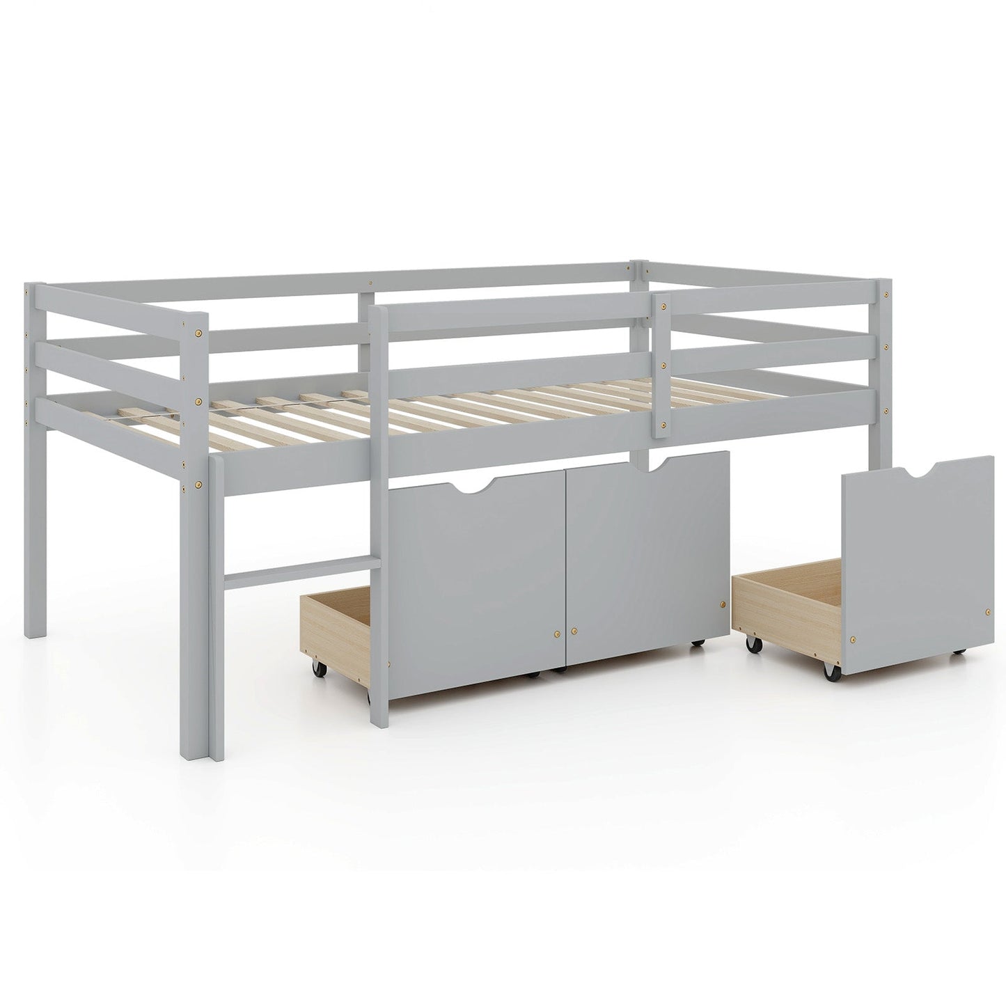 Cama baja tipo loft individual con 3 cajones, escalera y barandillas de seguridad completas - Gris