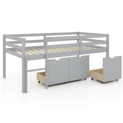 Cama baja tipo loft individual con 3 cajones, escalera y barandillas de seguridad completas - Gris
