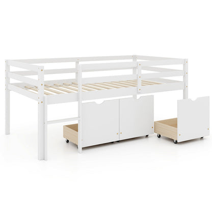 Cama baja tipo loft individual con 3 cajones, escalera y barandillas de seguridad completas - Gris
