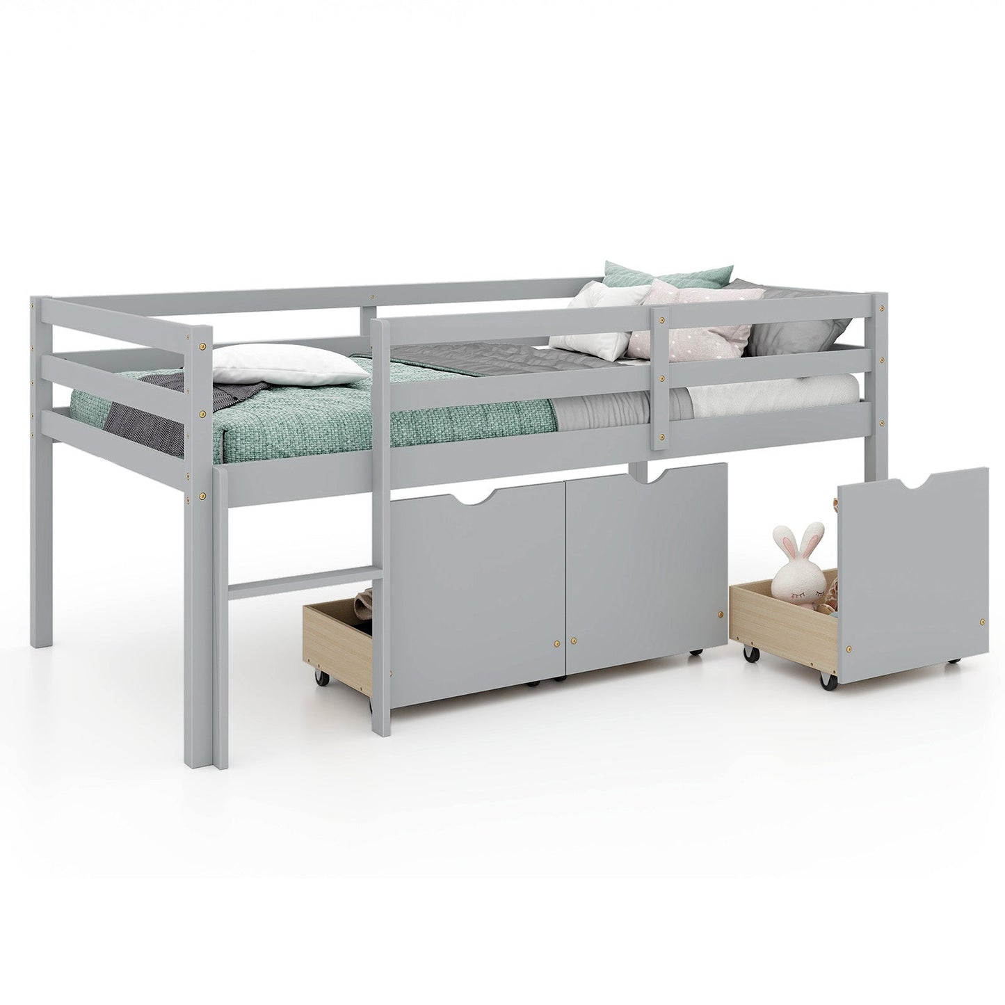 Cama baja tipo loft individual con 3 cajones, escalera y barandillas de seguridad completas - Gris