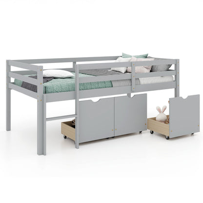 Cama baja tipo loft individual con 3 cajones, escalera y barandillas de seguridad completas - Gris
