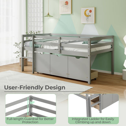 Cama baja tipo loft individual con 3 cajones, escalera y barandillas de seguridad completas - Gris