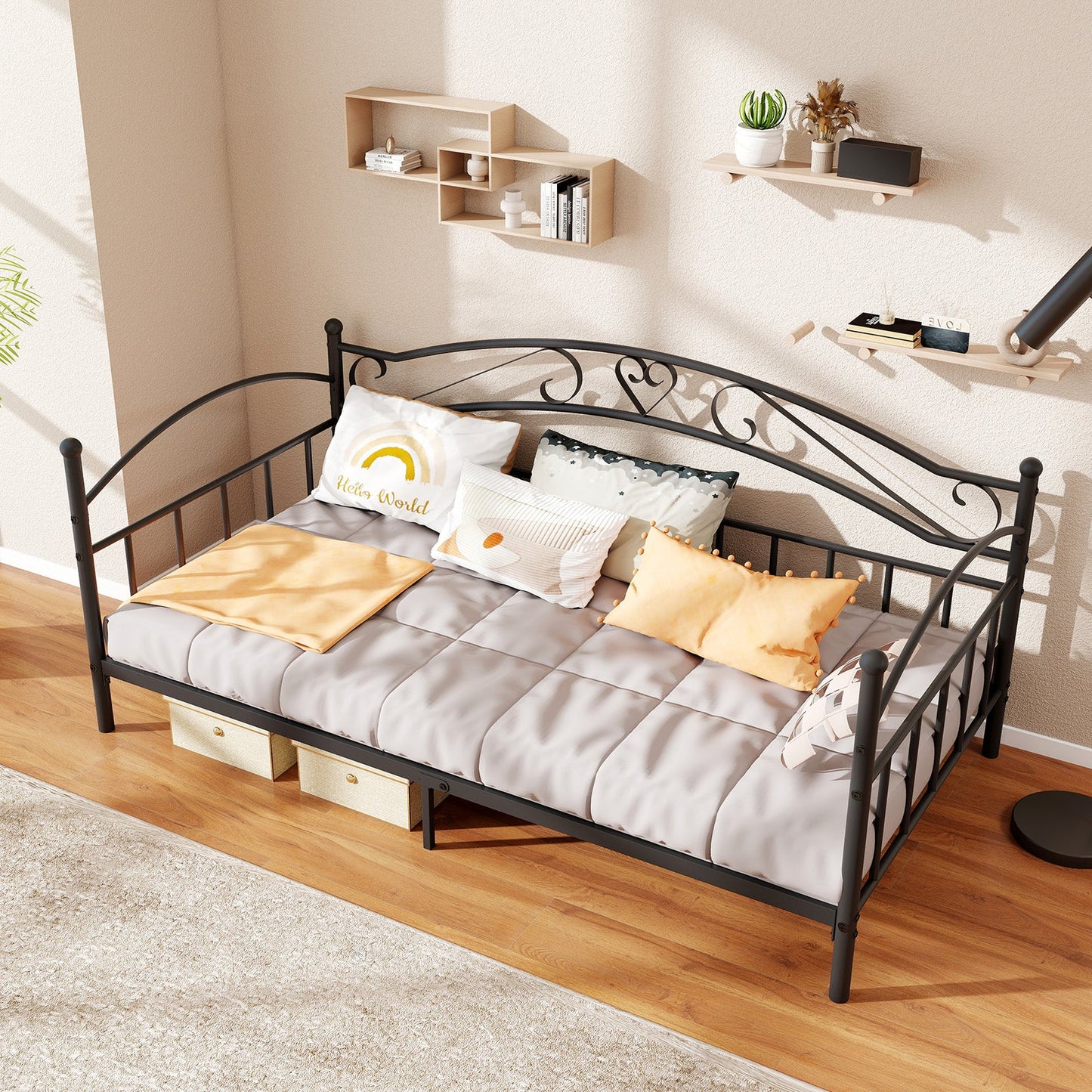 Twin Size Metal Daybed Frame with Headboard for Bedroom