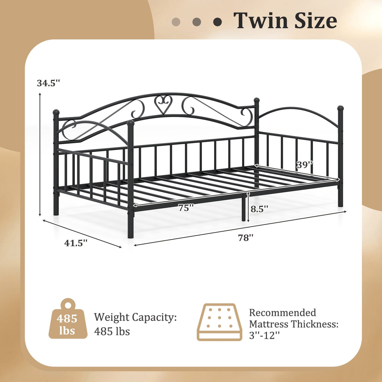 Twin Size Metal Daybed Frame with Headboard for Bedroom