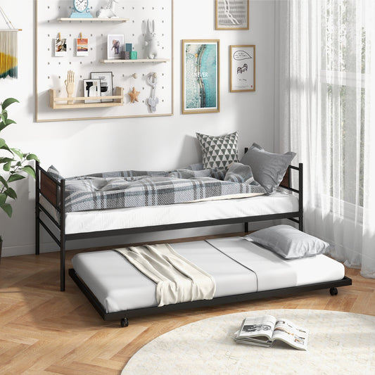 Twin Size Metal Daybed with Trundle and Wood Grain Headboard - Tampa Home & Garden Store