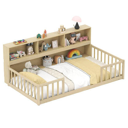 Cama de piso Montessori tamaño doble con estante para libros-Gris