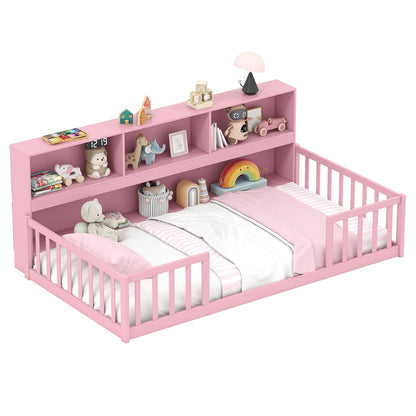 Cama de piso Montessori tamaño doble con estante para libros-Gris