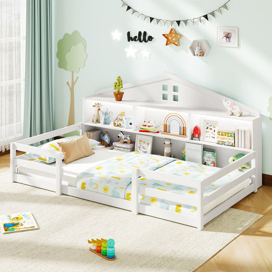 Twin Size Montessori Floor Bed with Storage Compartments and Shelf - Tampa Home & Garden Store
