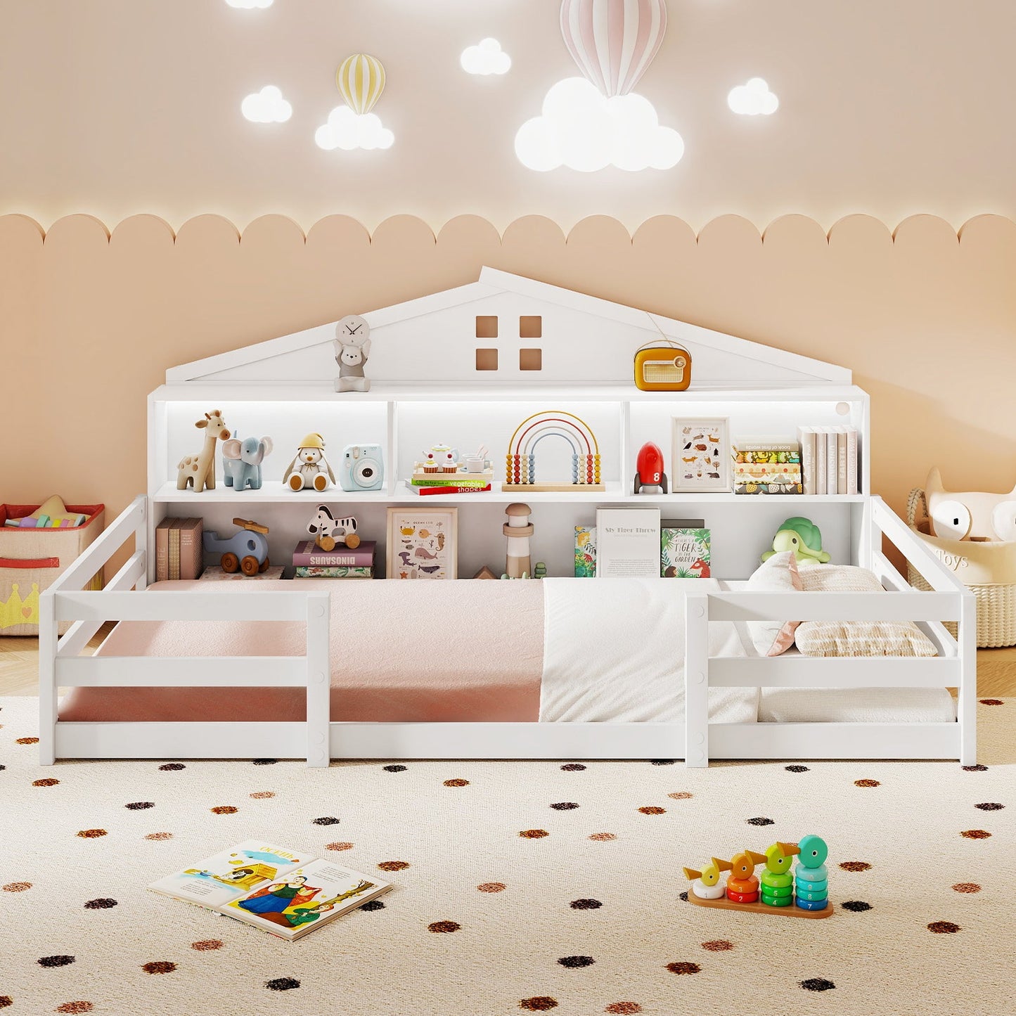 Twin Size Montessori Floor Bed with Storage Compartments and Shelf
