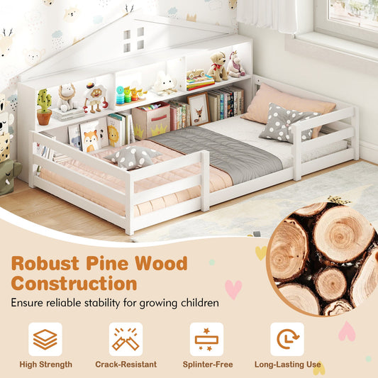 Twin Size Montessori Floor Bed with Storage Compartments and Shelf - Tampa Home & Garden Store