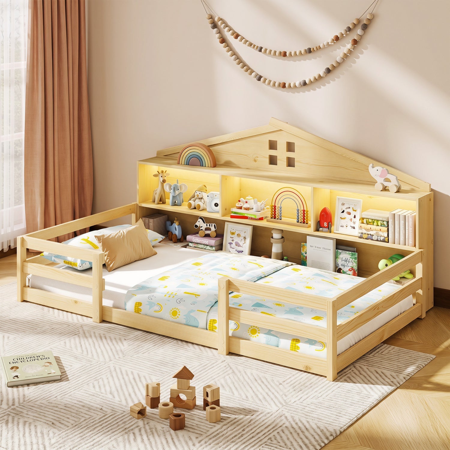 Twin Montessori floor bed with under-shelf storage, built-in LED glow, light wood finish on Tampa Home & Garden Store