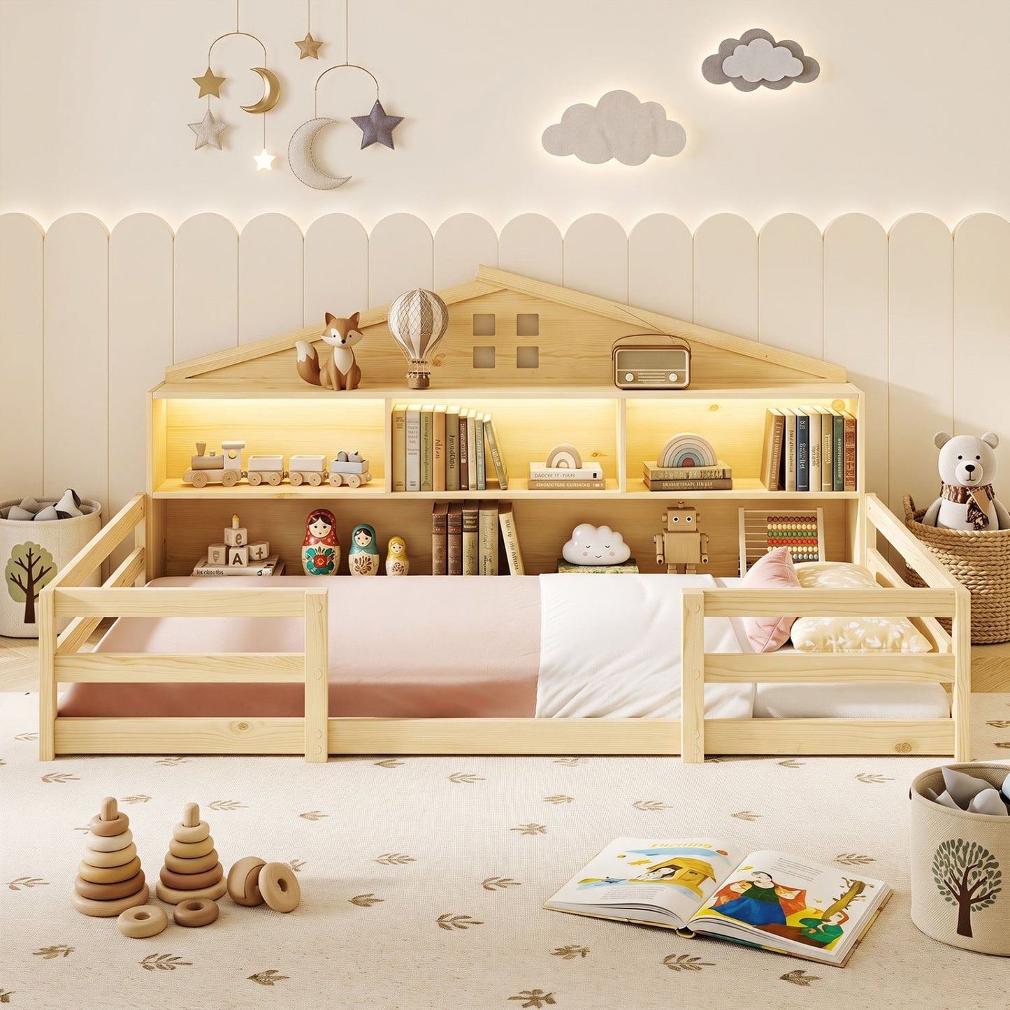 Twin Montessori floor bed by DirectDeals with storage and LED lights, natural wood frame on Tampa Home & Garden Store