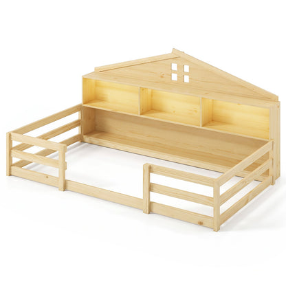 Twin Montessori Floor Bed with Storage and LED Lights by DirectDeals, natural pine bed frame on Tampa Home & Garden Store