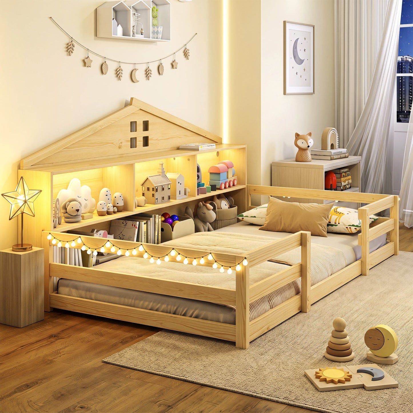 DirectDeals Twin Montessori floor bed frame with storage and LED lights in natural wood on Tampa Home & Garden Store